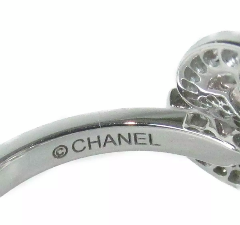 CHANEL Diamond Camelia 18KT White Gold Bypass Ring Size 5.5