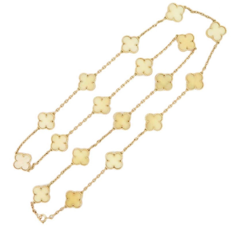 Rare Van Cleef & Arpels VCA White Coral Alhambra 18 Motif Long Necklace