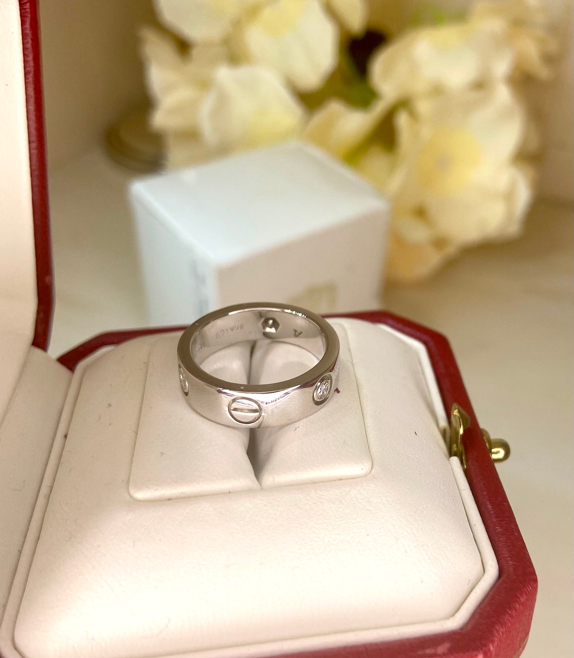 Cartier 3 Diamond 18Kt White Gold Love Ring Size 52/ US 6