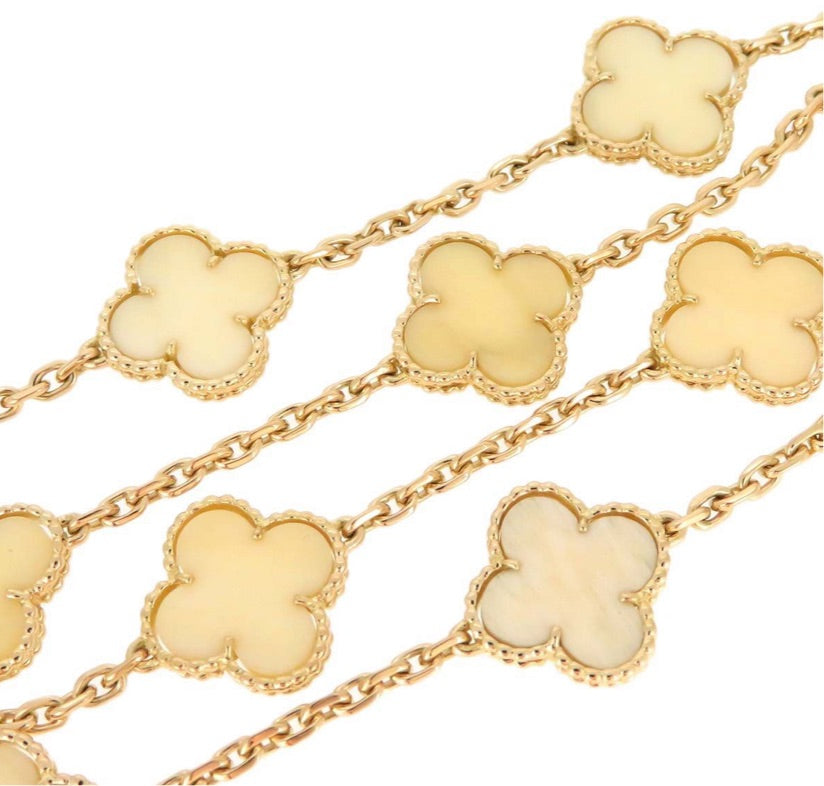 Rare Van Cleef & Arpels VCA White Coral Alhambra 18 Motif Long Necklace