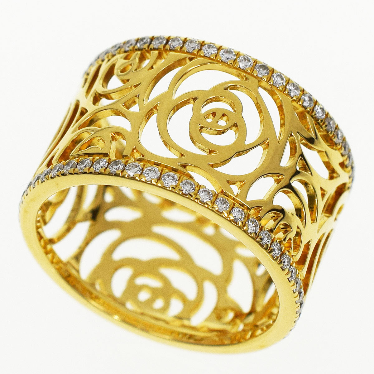 CHANEL Camellia Diamond Flowers Wide Gold Ring Size 7