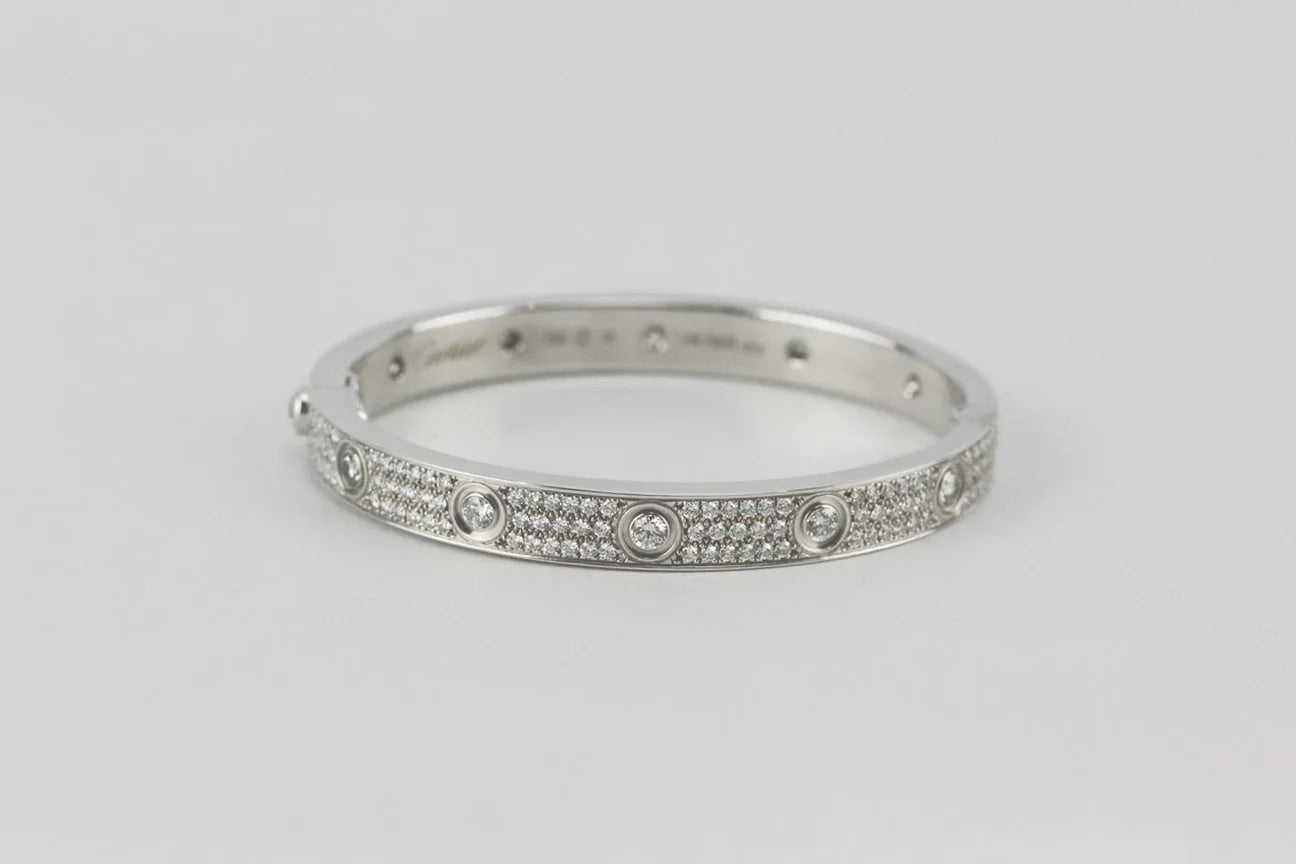 Cartier Full Diamond-Paved 18KT White Gold Love Bracelet, Size 16
