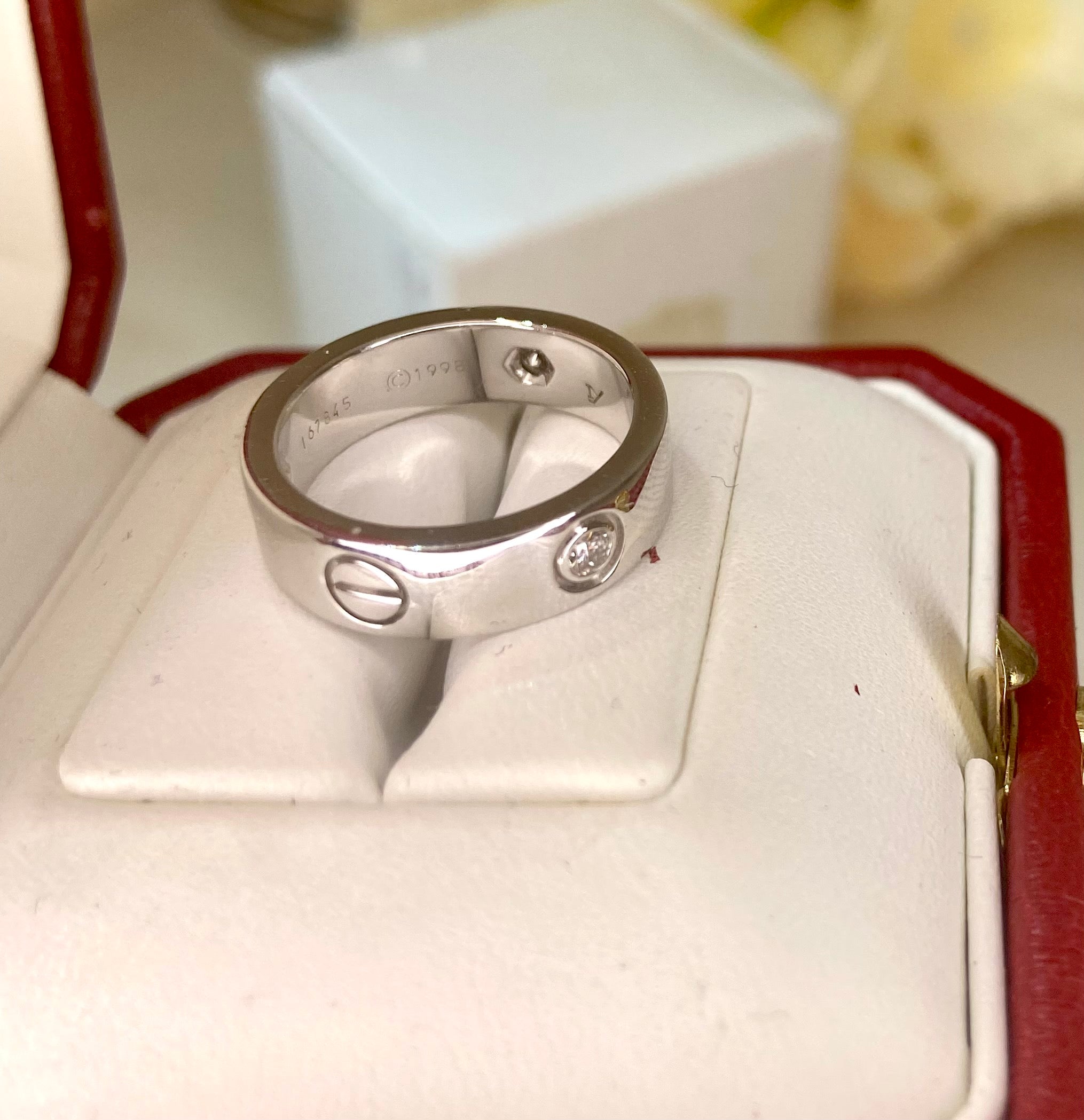 Cartier 3 Diamond 18Kt White Gold Love Ring Size 52/ US 6