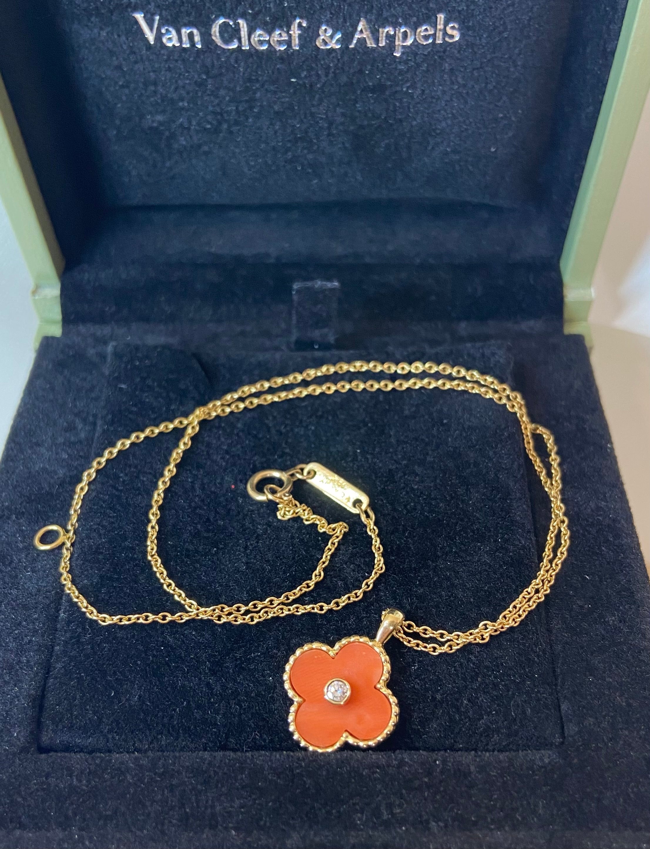 Rare Van Cleef & Arpels Coral Diamond Alhambra 18Kt Yellow Gold Necklace