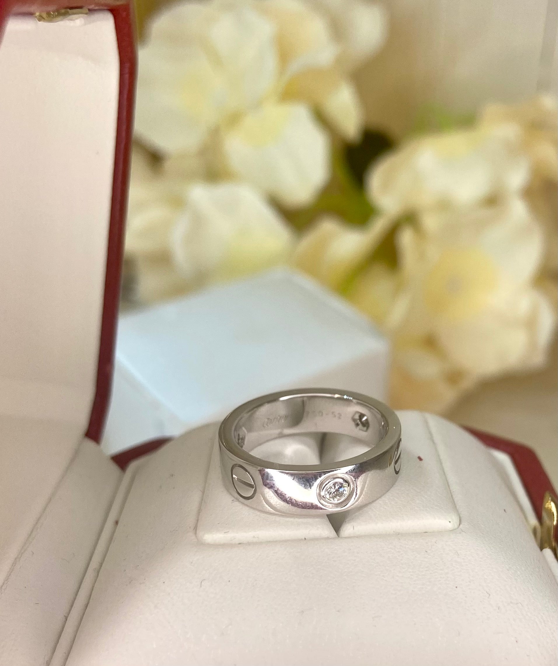 Cartier 3 Diamond 18Kt White Gold Love Ring Size 52/ US 6