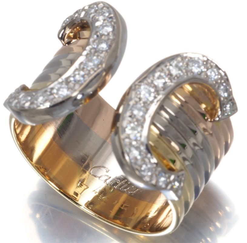 Cartier Tri-Gold 2C Diamond Paved Wide Band Ring #53