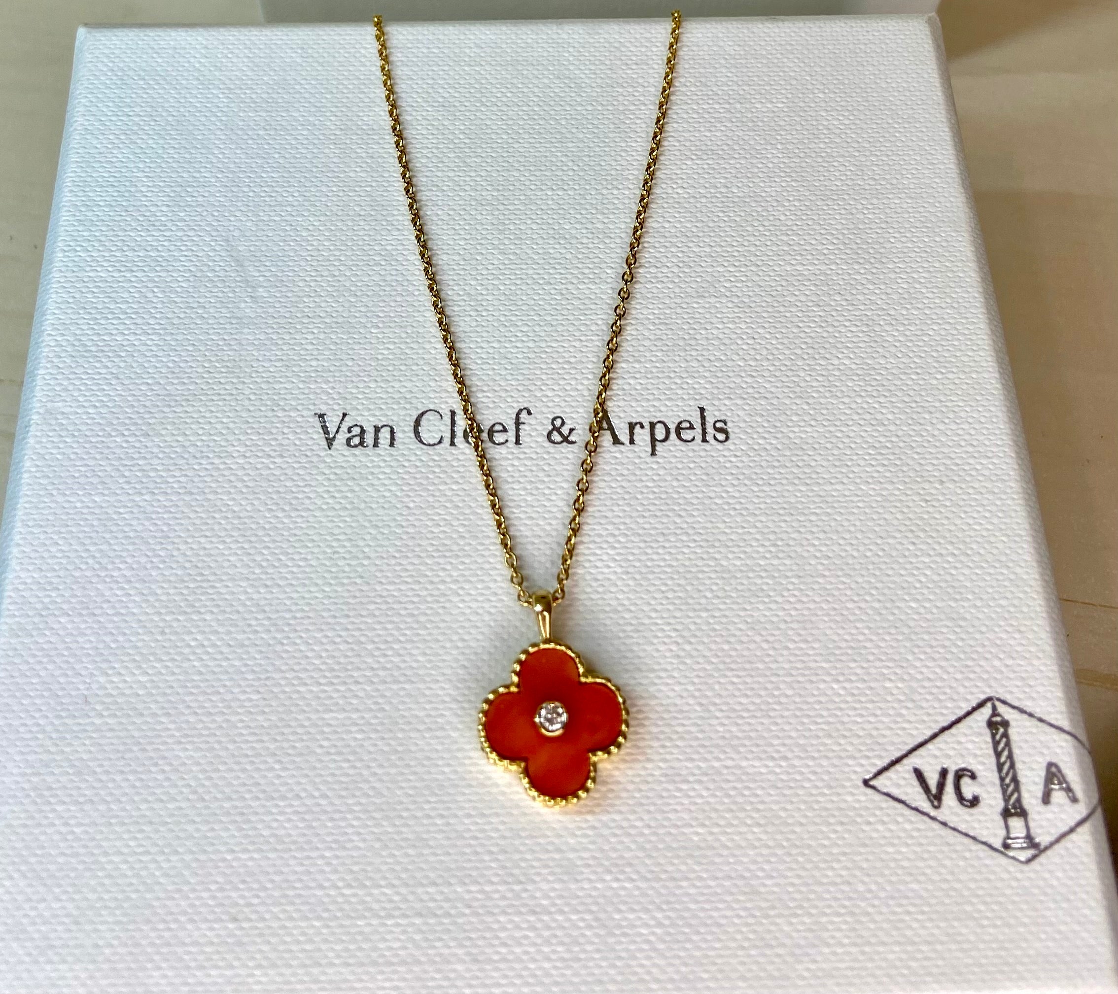 Rare Van Cleef & Arpels Coral Diamond Alhambra 18Kt Yellow Gold Necklace