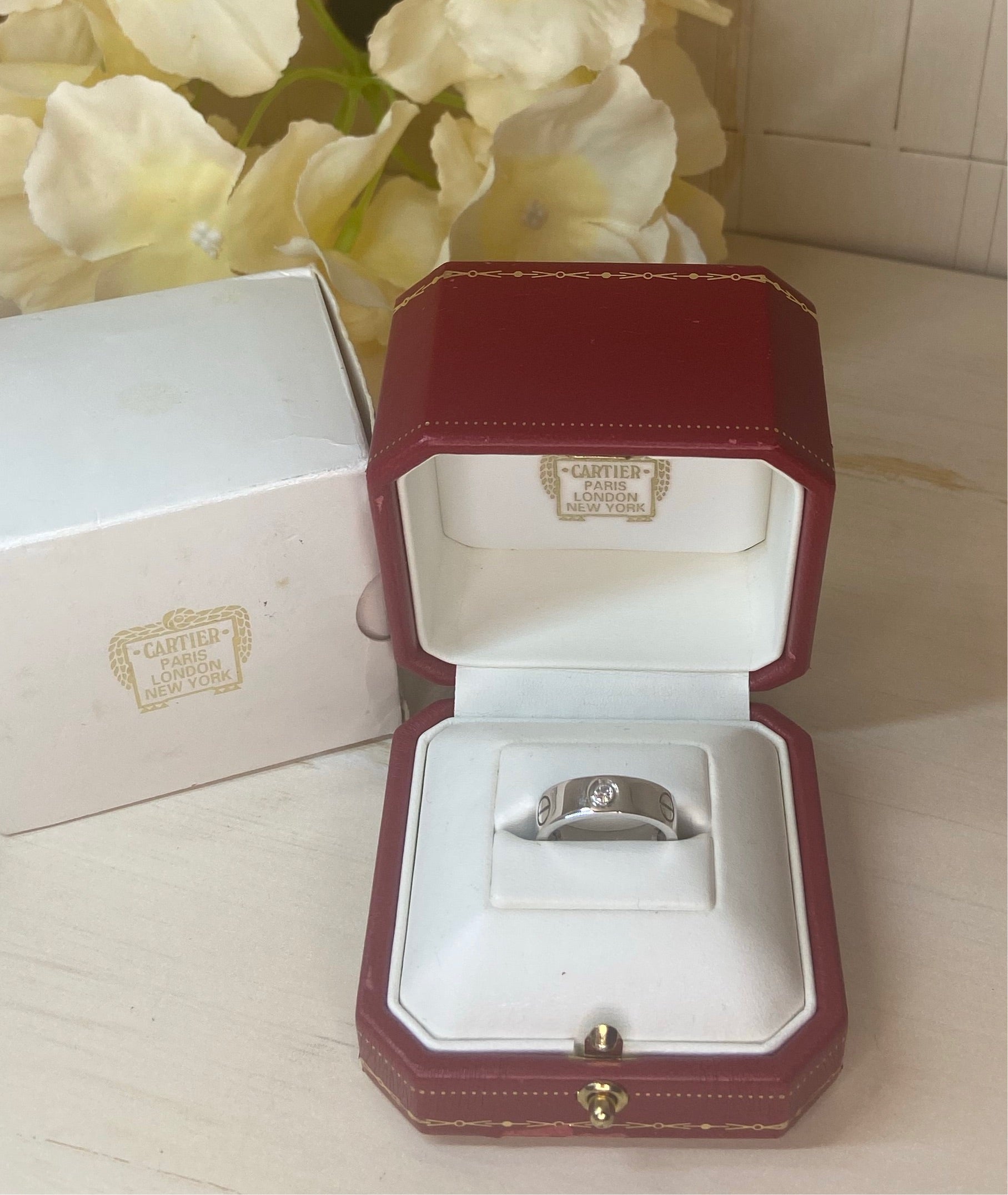 Cartier 3 Diamond 18Kt White Gold Love Ring Size 52/ US 6