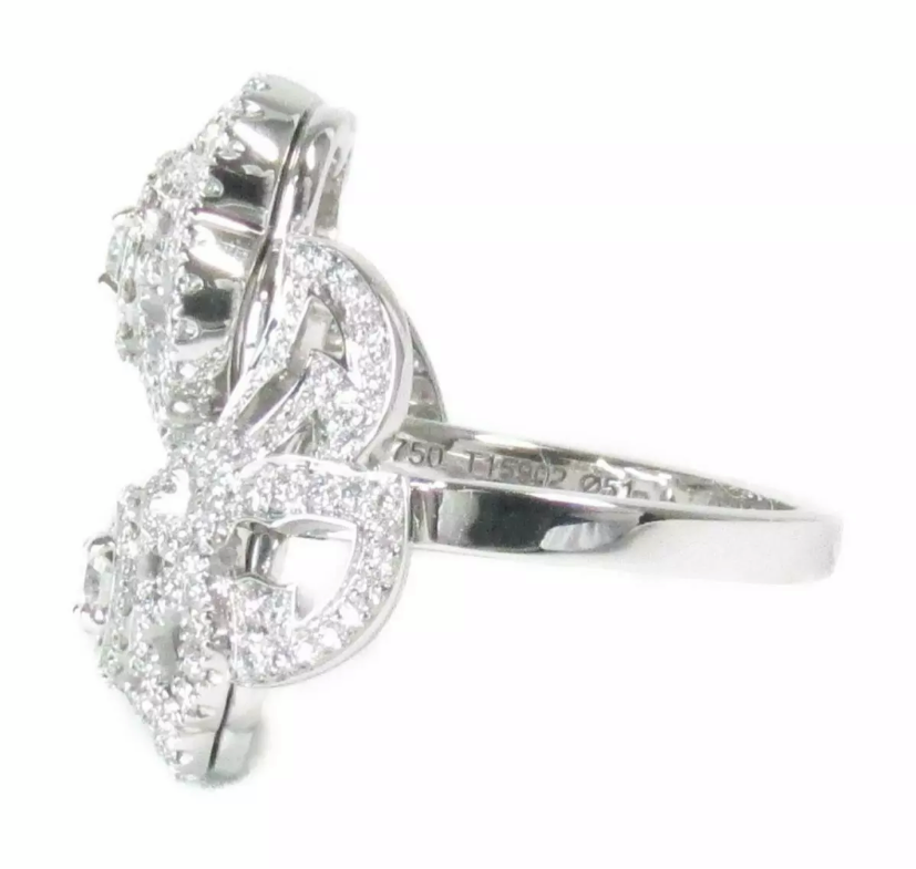 CHANEL Diamond Camelia 18KT White Gold Bypass Ring Size 5.5