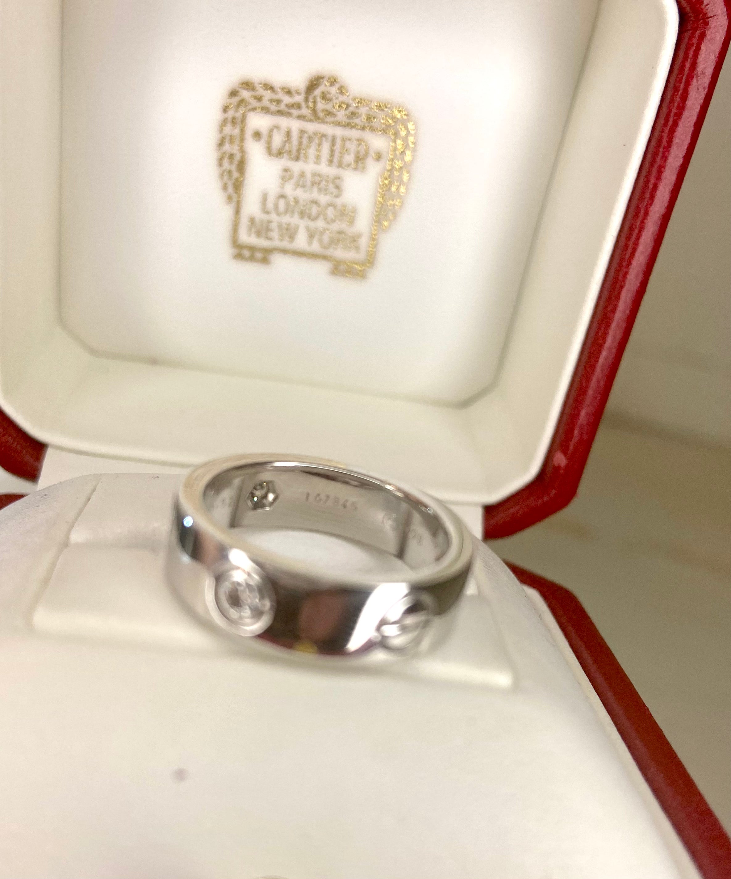 Cartier 3 Diamond 18Kt White Gold Love Ring Size 52/ US 6