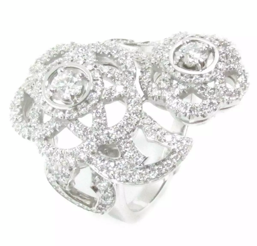 CHANEL Diamond Camelia 18KT White Gold Bypass Ring Size 5.5