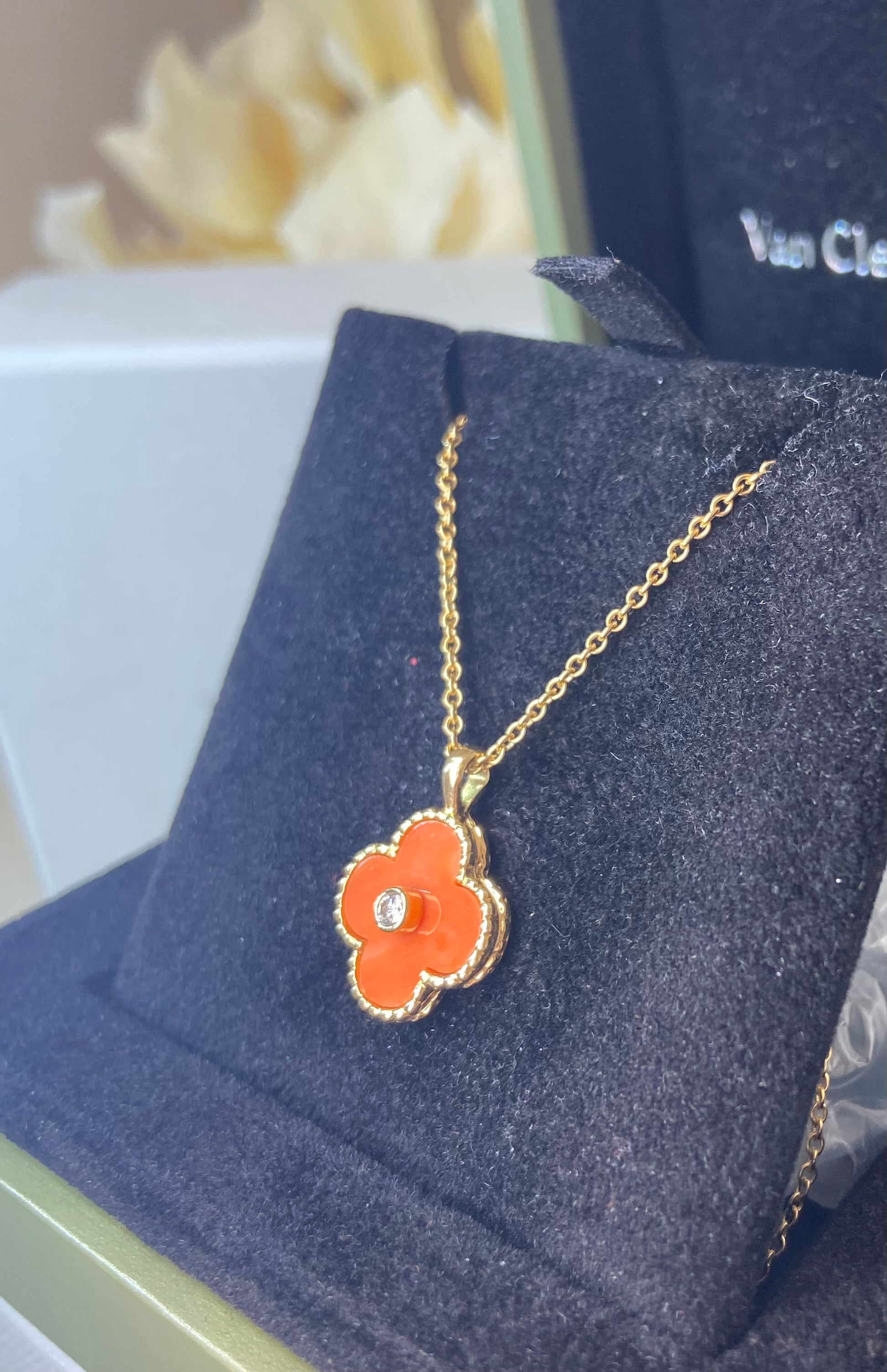 Rare Van Cleef & Arpels Coral Diamond Alhambra 18Kt Yellow Gold Necklace