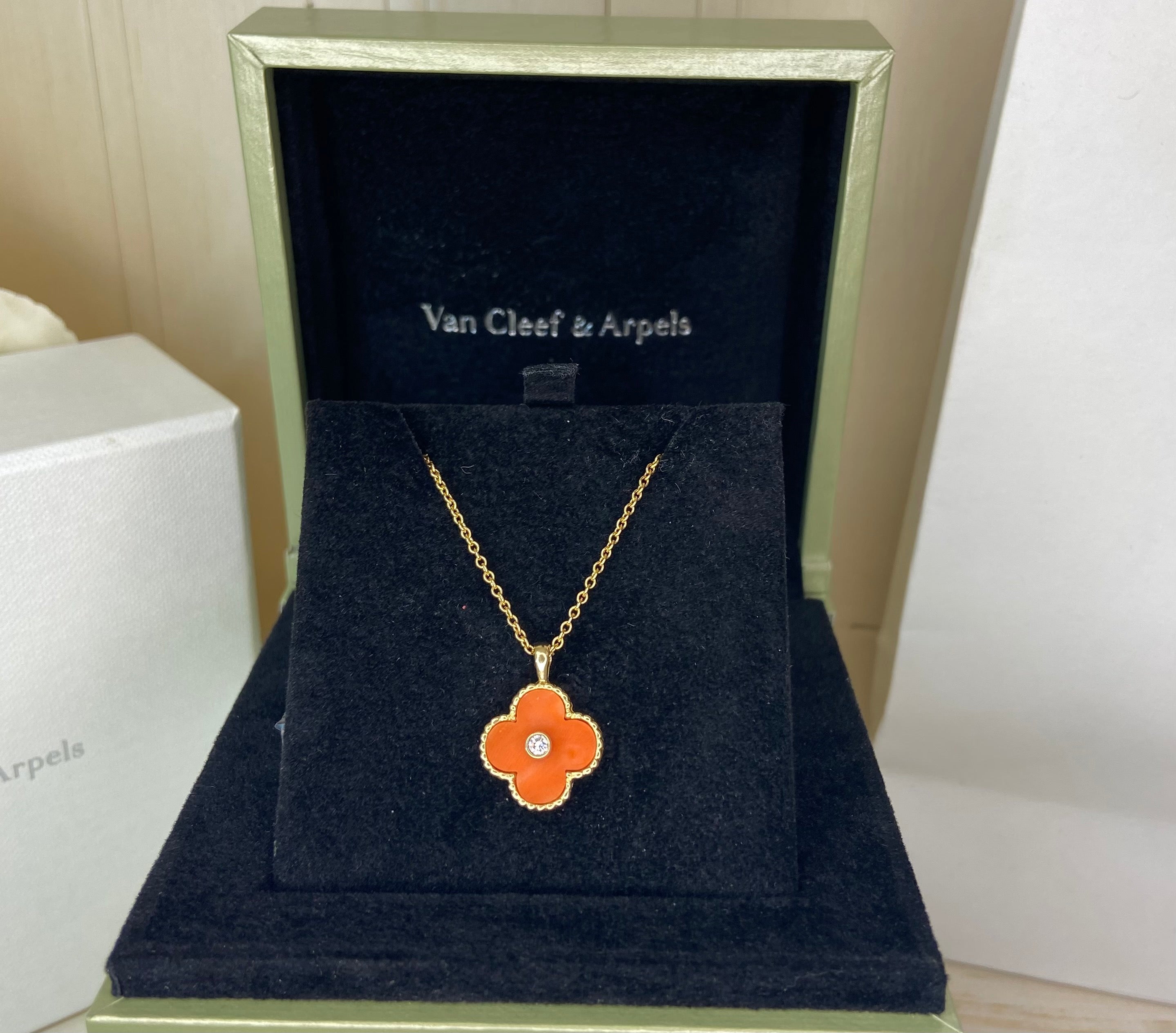 Rare Van Cleef & Arpels Coral Diamond Alhambra 18Kt Yellow Gold Necklace
