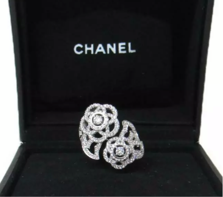 CHANEL Diamond Camelia 18KT White Gold Bypass Ring Size 5.5