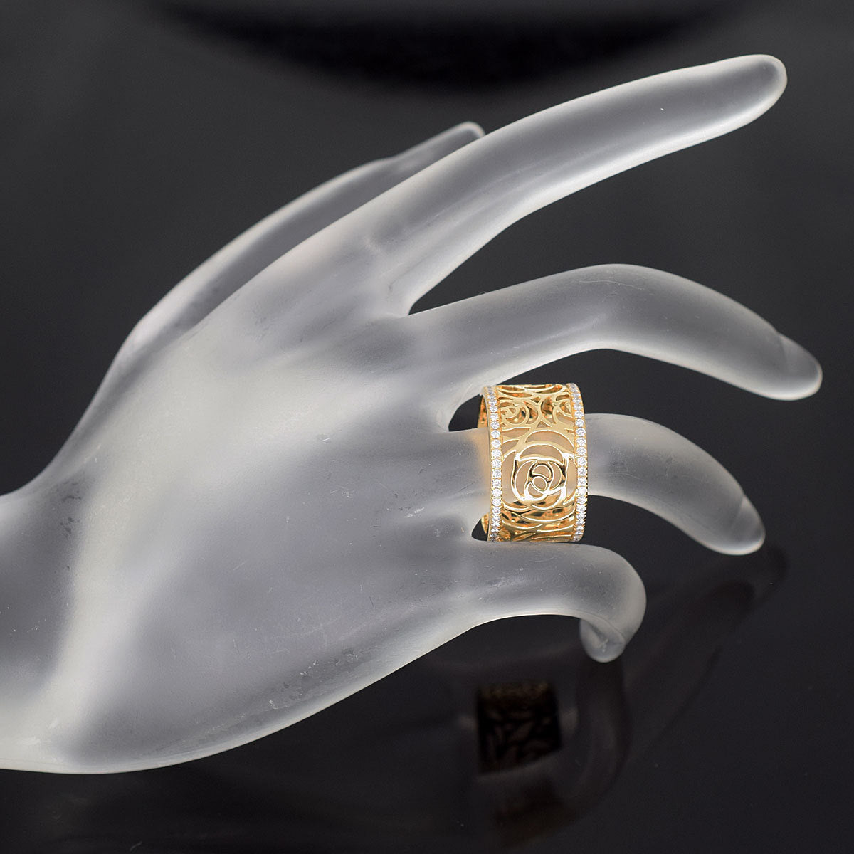 CHANEL Camellia Diamond Flowers Wide Gold Ring Size 7