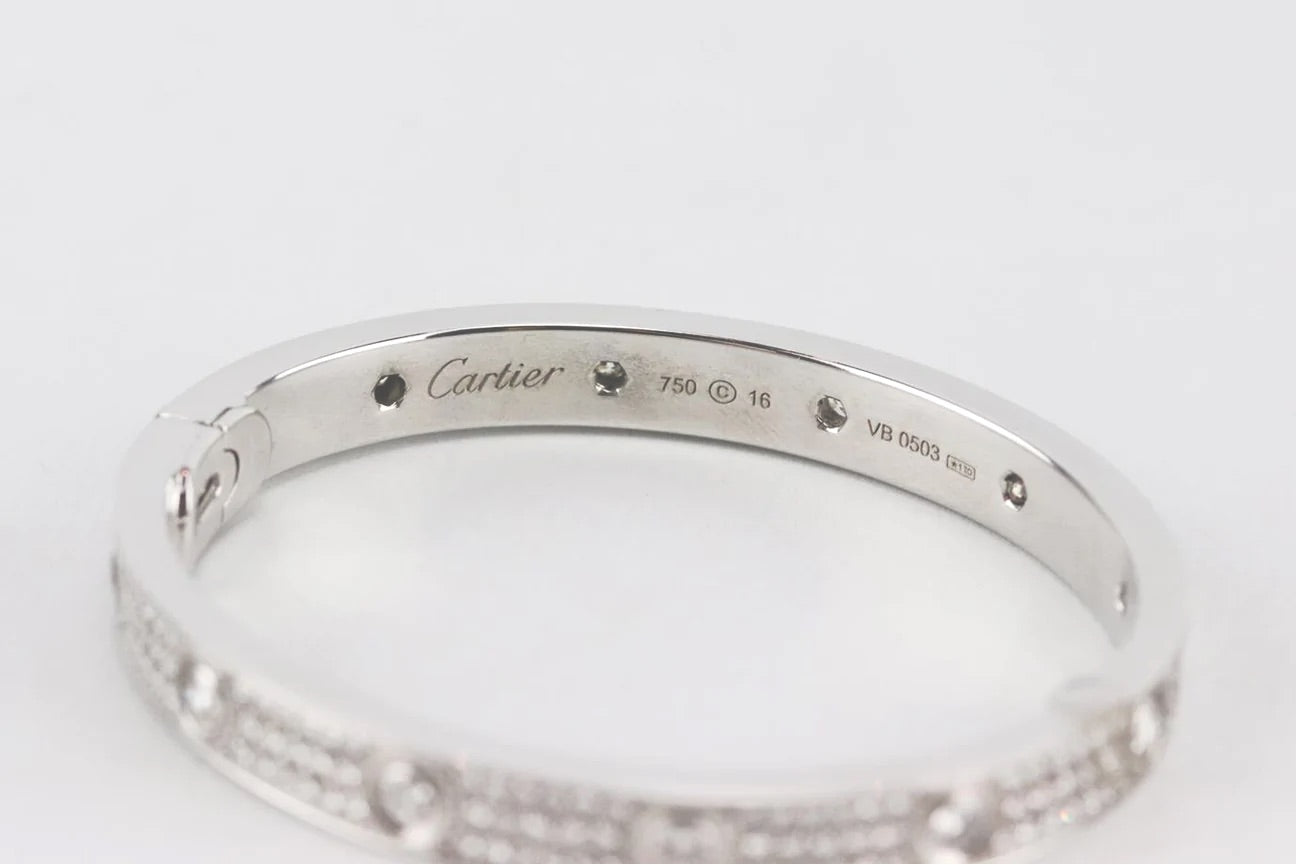 Cartier Full Diamond-Paved 18KT White Gold Love Bracelet, Size 16