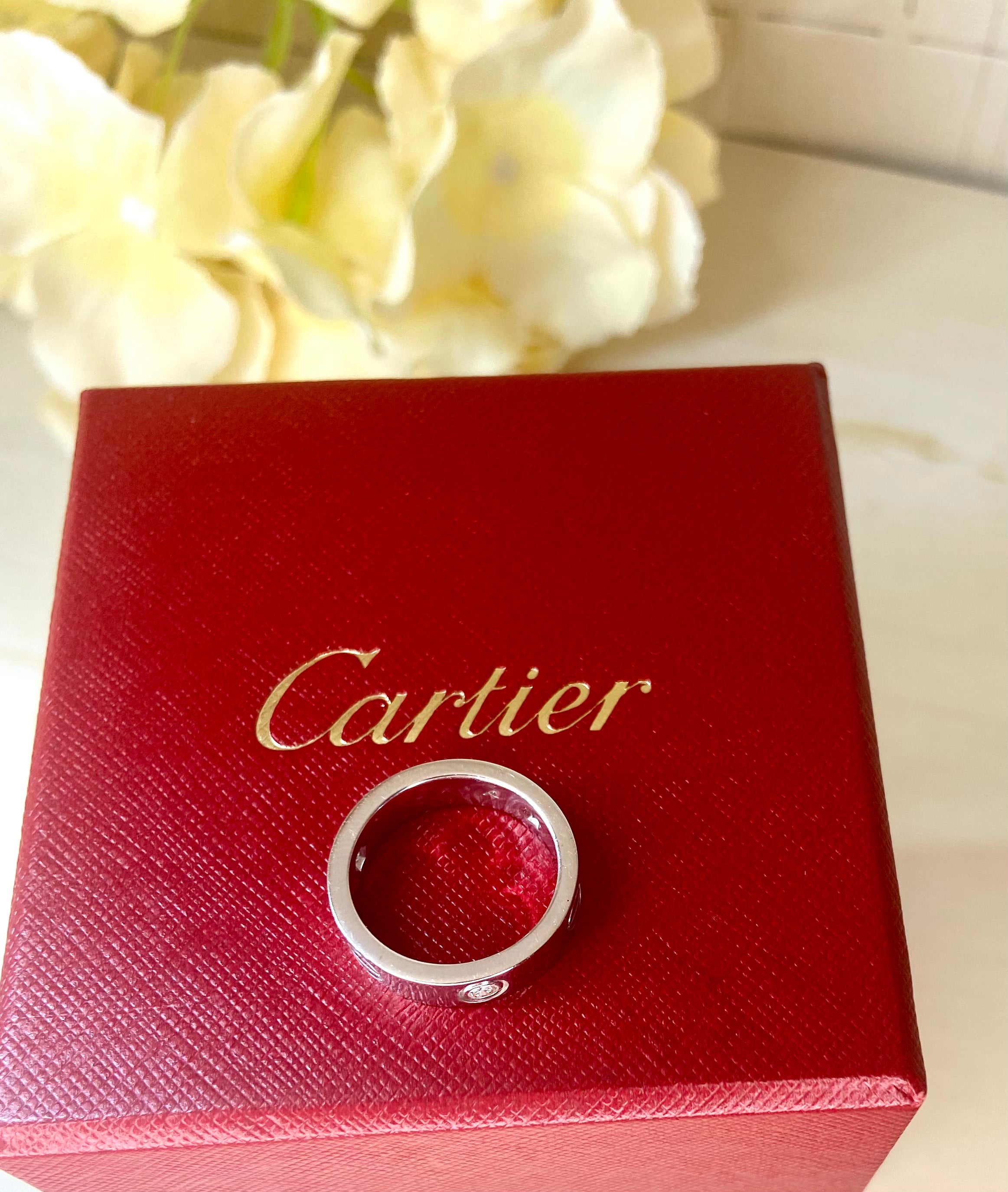 Cartier 3 Diamond 18Kt White Gold Love Ring Size 52/ US 6