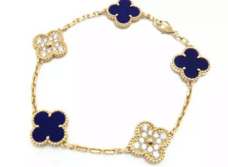 Van Cleef & Arpels Vintage Alhambra Diamond Sevres Porcelain 18KT Yellow Gold Bracelet