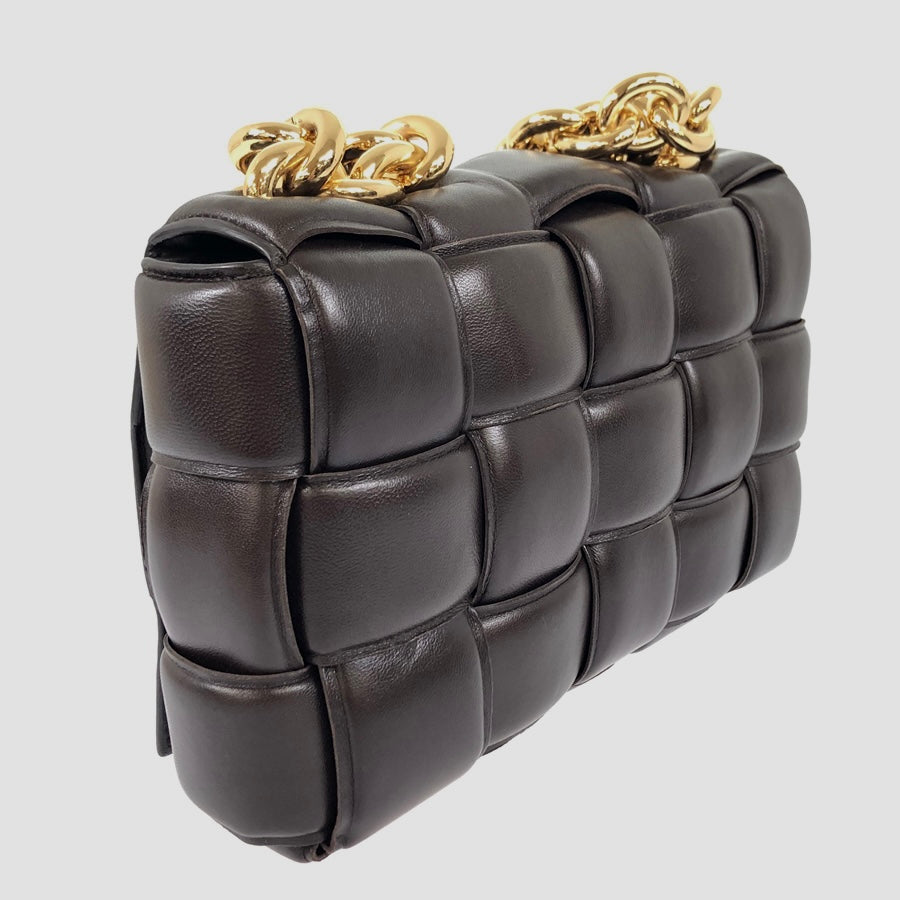 Bottega Veneta Chain Cassette Padded Interacciato Black Leather Gold Hardware Bag