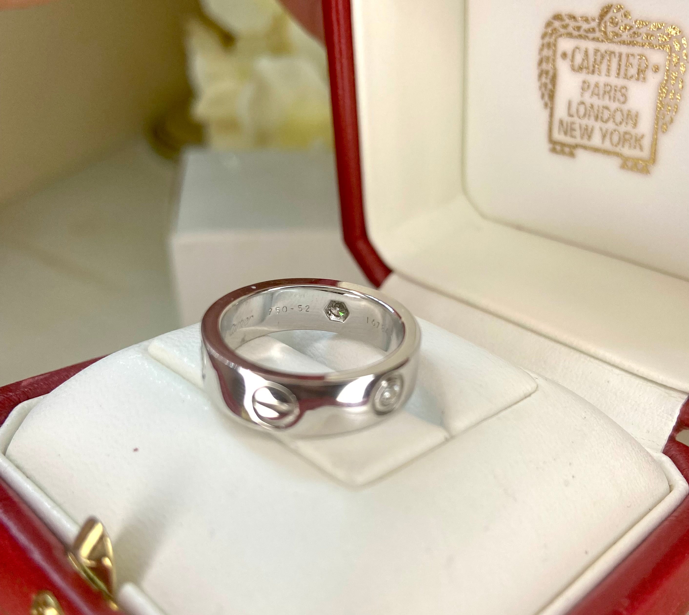 Cartier 3 Diamond 18Kt White Gold Love Ring Size 52/ US 6