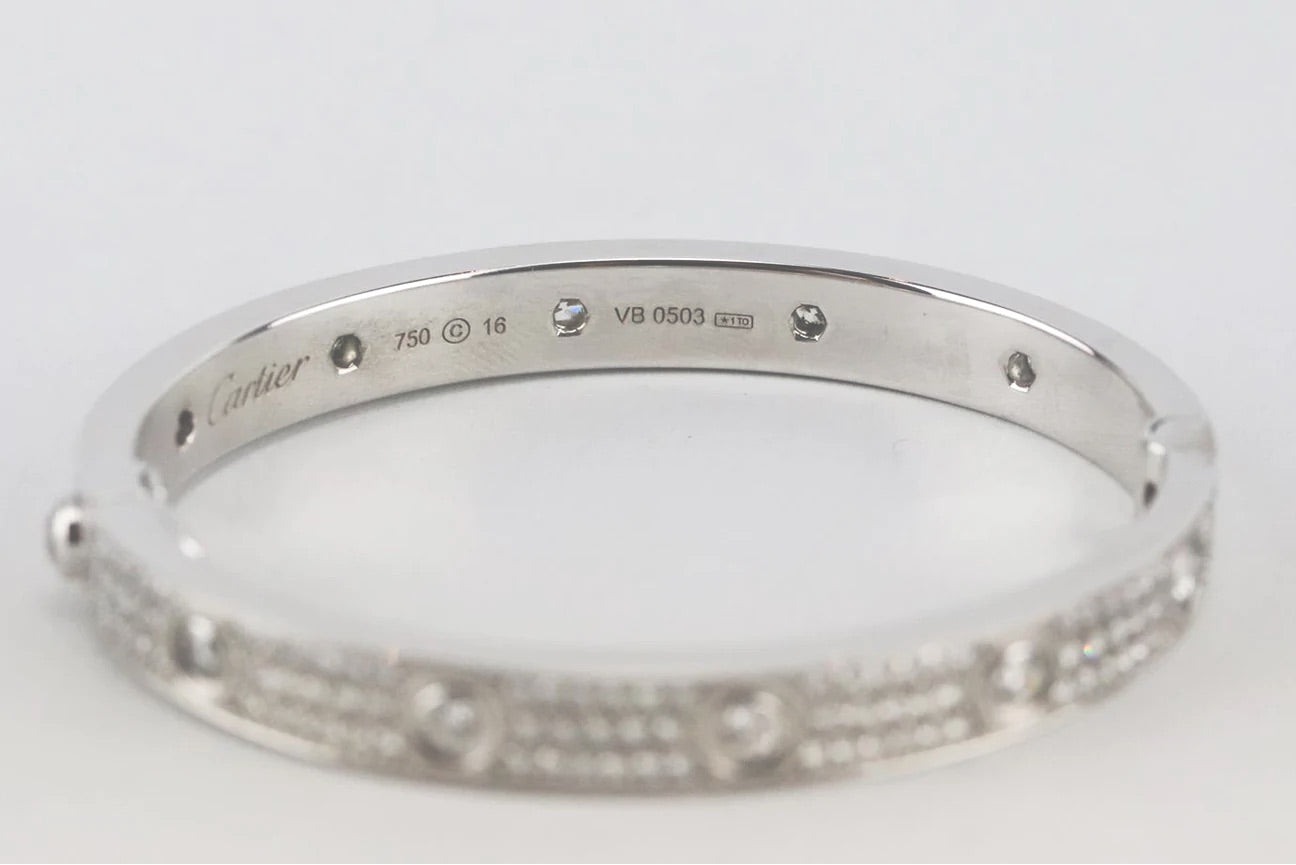 Cartier Full Diamond-Paved 18KT White Gold Love Bracelet, Size 16