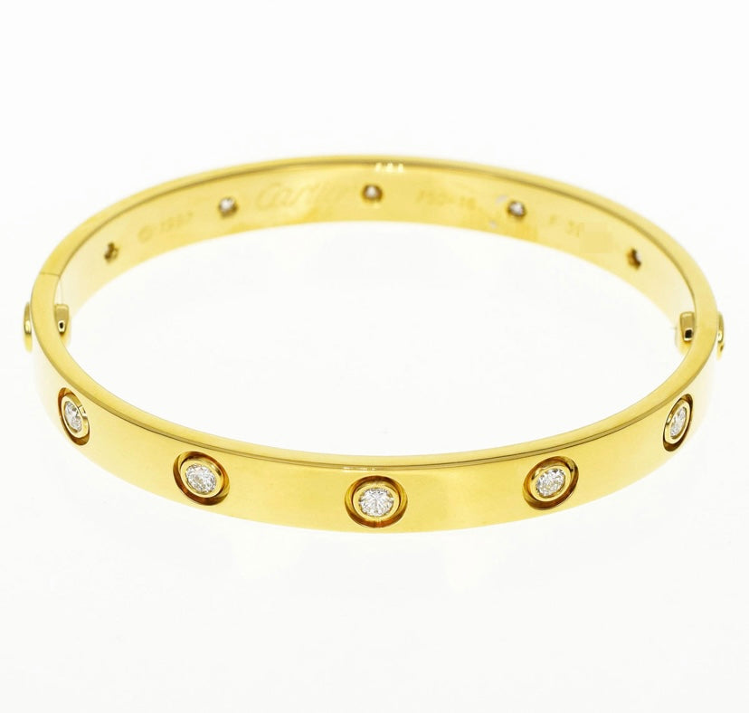 Cartier 10P Diamond 18KT Yellow Gold Love Bracelet Size 16