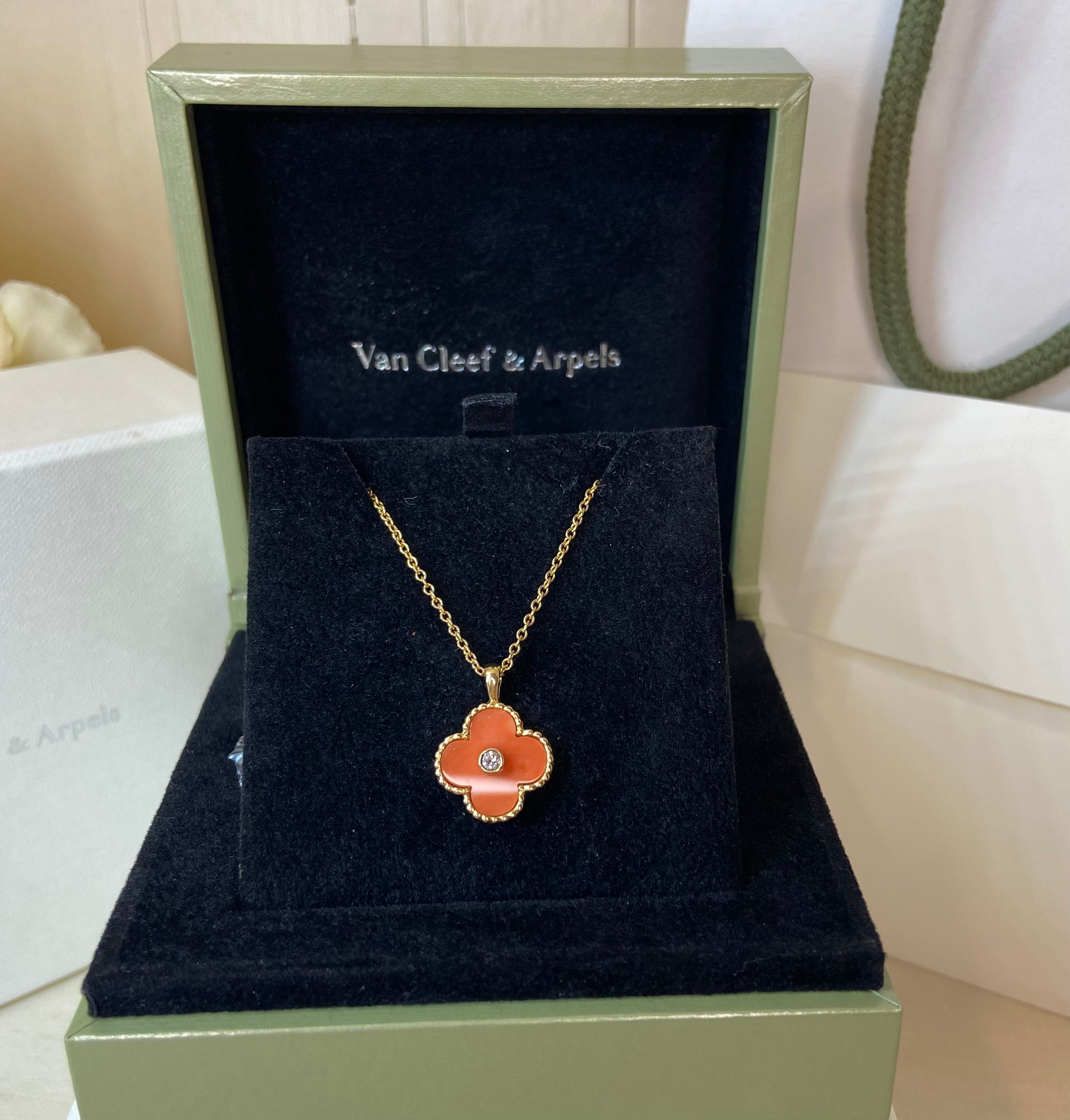 Rare Van Cleef & Arpels Coral Diamond Alhambra 18Kt Yellow Gold Necklace