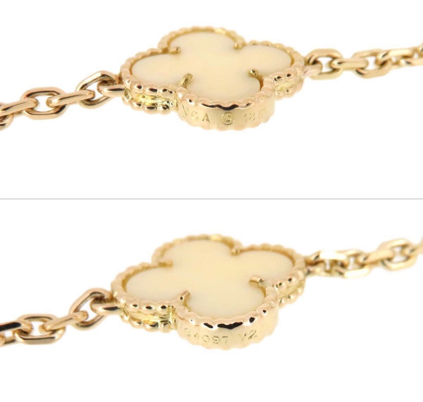 Rare Van Cleef & Arpels VCA White Coral Alhambra 18 Motif Long Necklace