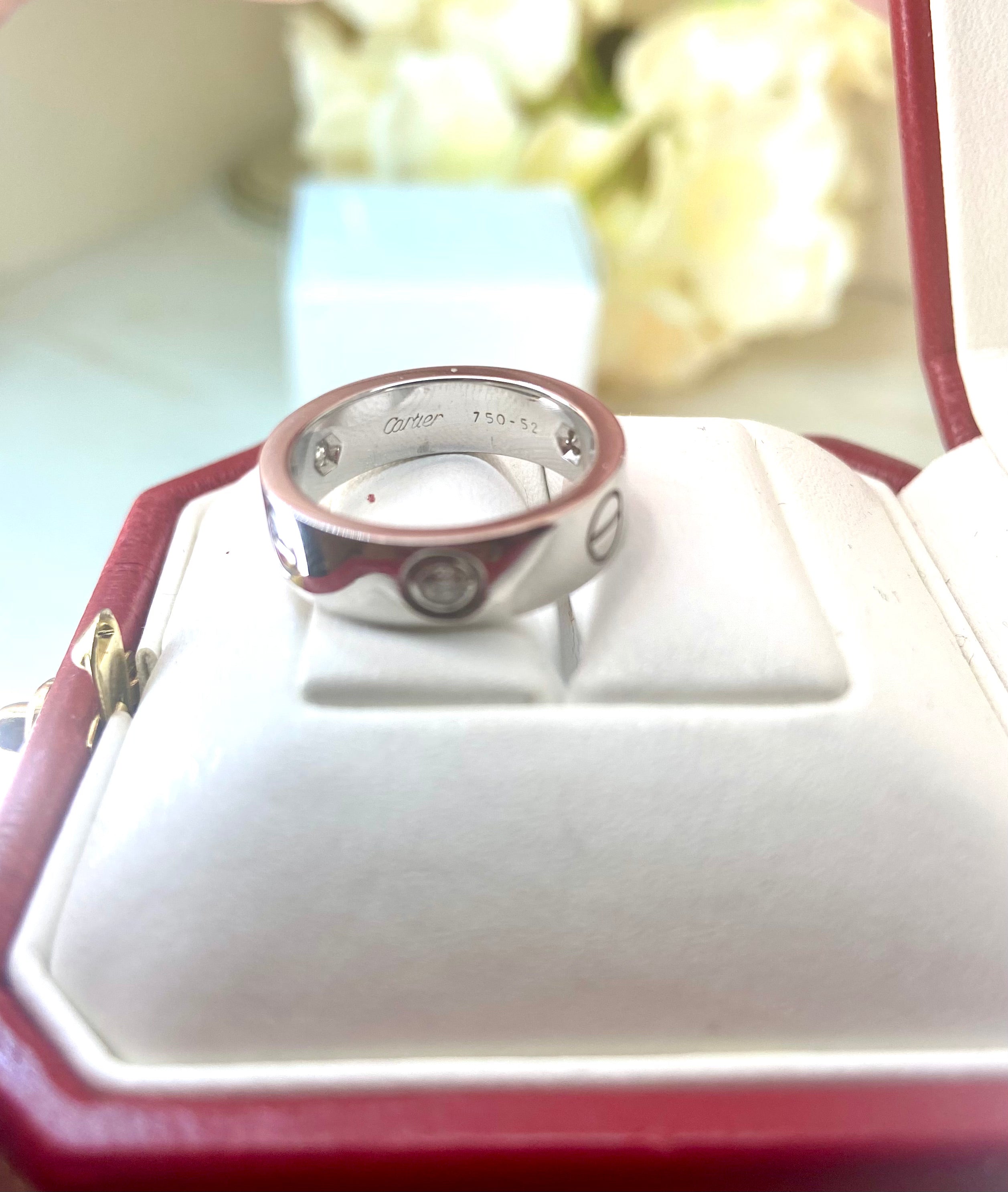 Cartier 3 Diamond 18Kt White Gold Love Ring Size 52/ US 6