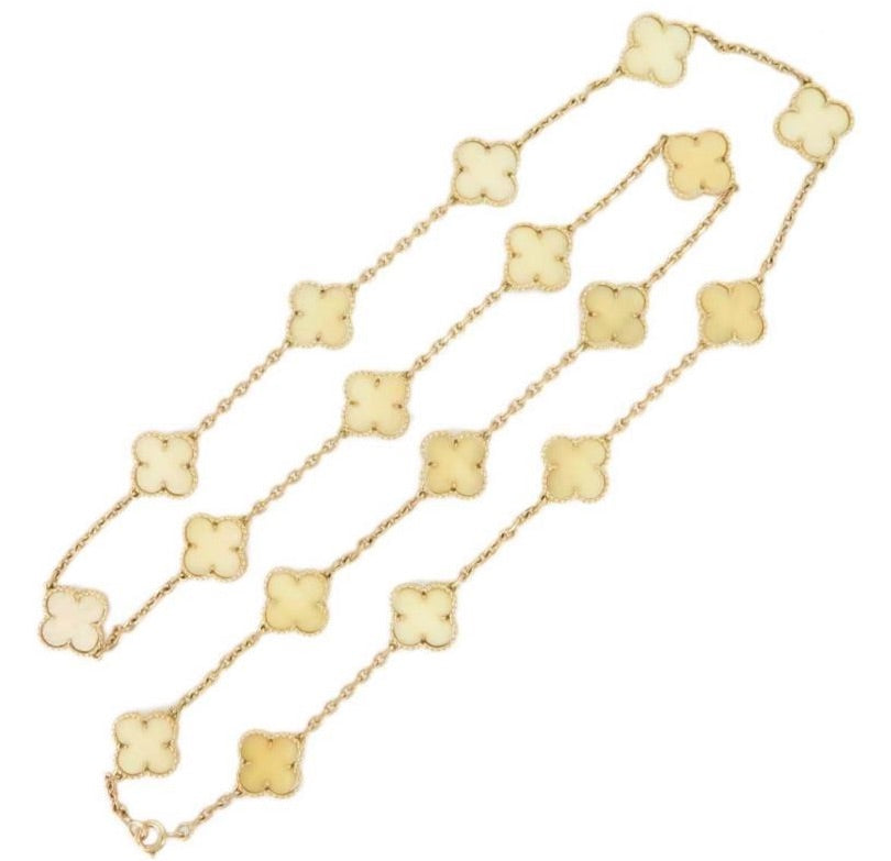 Rare Van Cleef & Arpels VCA White Coral Alhambra 18 Motif Long Necklace
