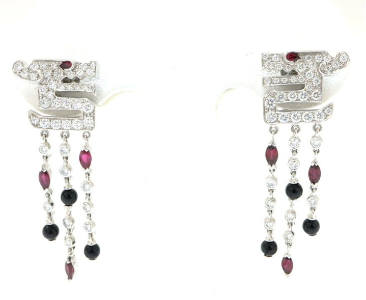 Rare Cartier Du Dragon Diamond Ruby Onyx Dangle Earrings