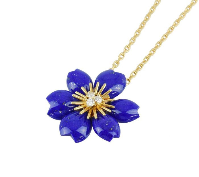 Van Cleef & Arpels Diamond Lapis Lazuli Rose de Noel Yellow Gold Pendant Necklace