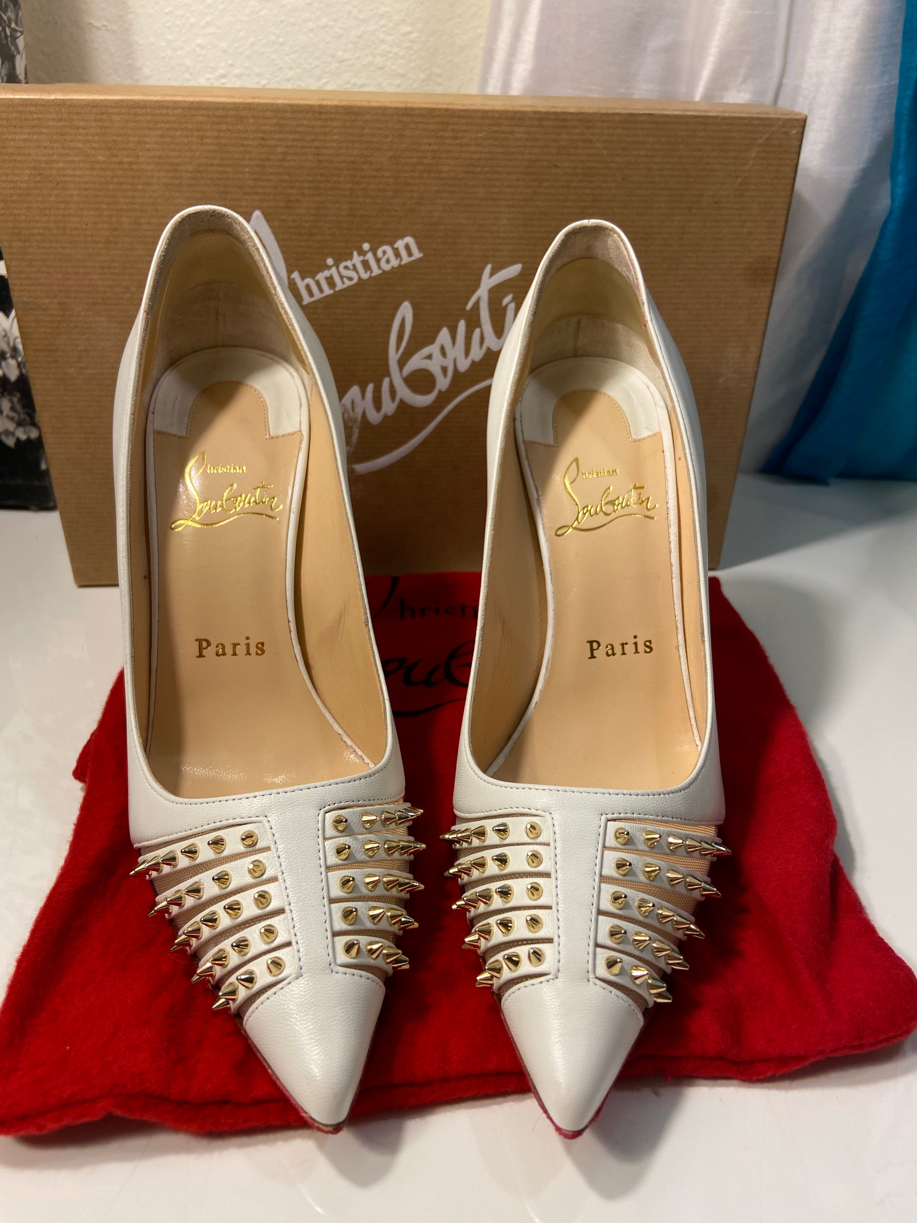 Christian Louboutin Red Bottom White Leather Spiked Heels Pumps