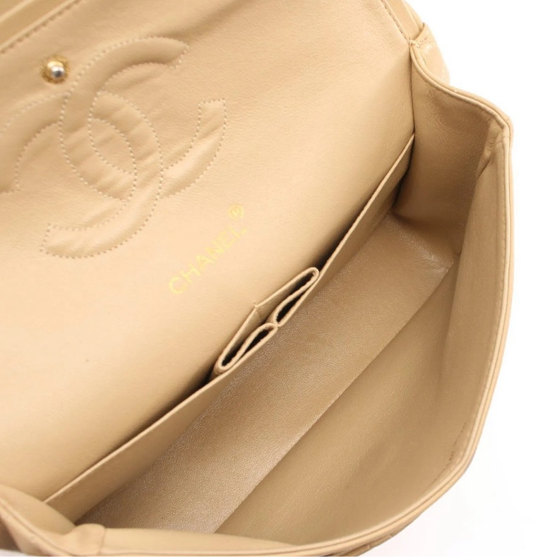 CHANEL Beige Lambskin Leather 24KT Gold Hardware Double Flap Bag