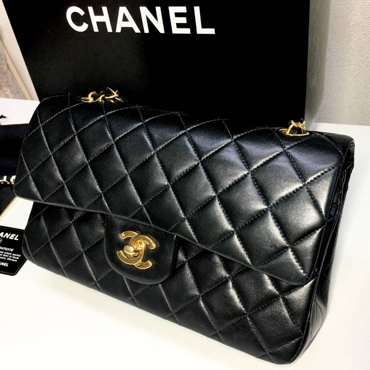CHANEL Black Lambskin GHW Quilted Double Flap Handbag