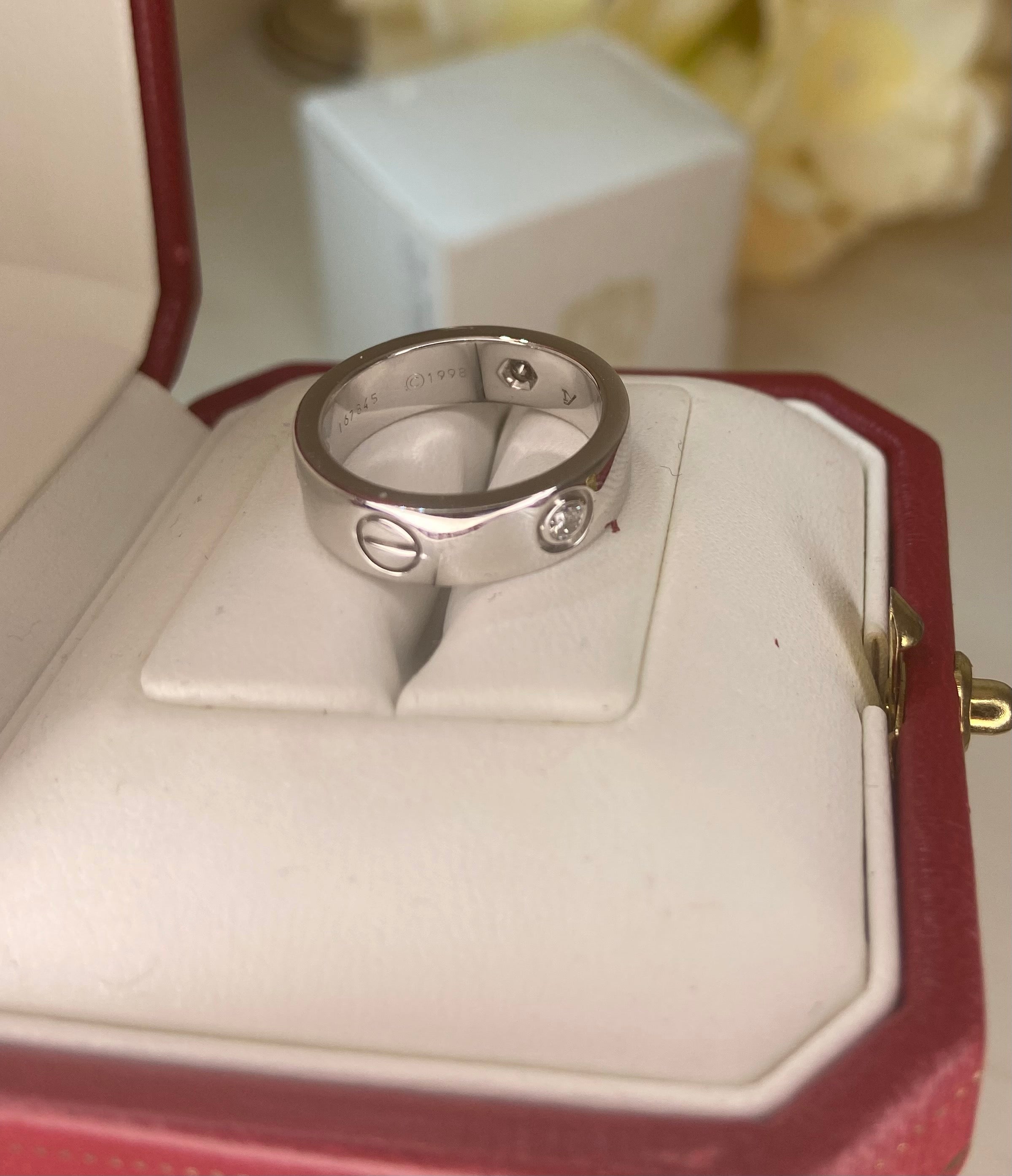 Cartier 3 Diamond 18Kt White Gold Love Ring Size 52/ US 6