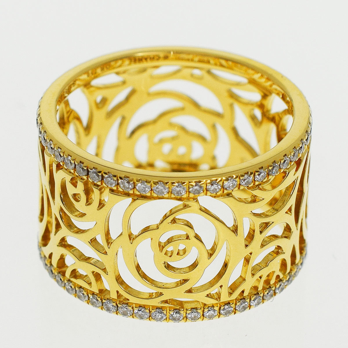 CHANEL Camellia Diamond Flowers Wide Gold Ring Size 7