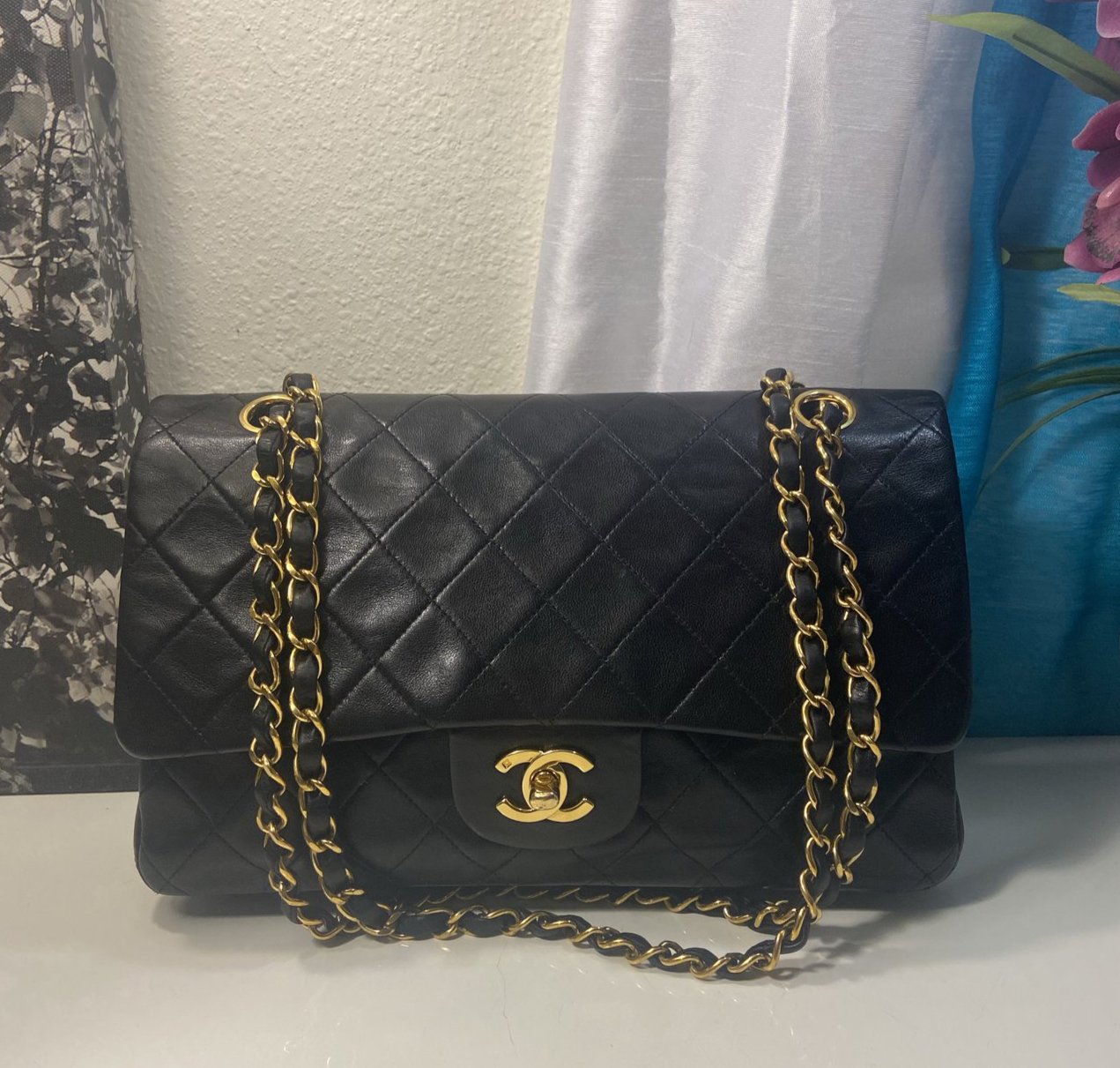CHANEL Black Lambskin Double Flap 25 GHW Shoulder Handbag