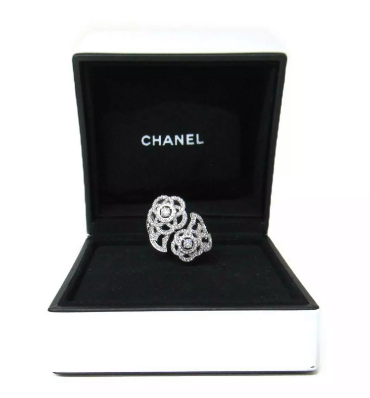 CHANEL Diamond Camelia 18KT White Gold Bypass Ring Size 5.5