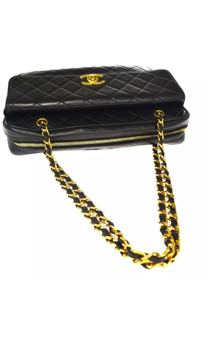 CHANEL Turn Lock Black Lambskin Tote Handbag