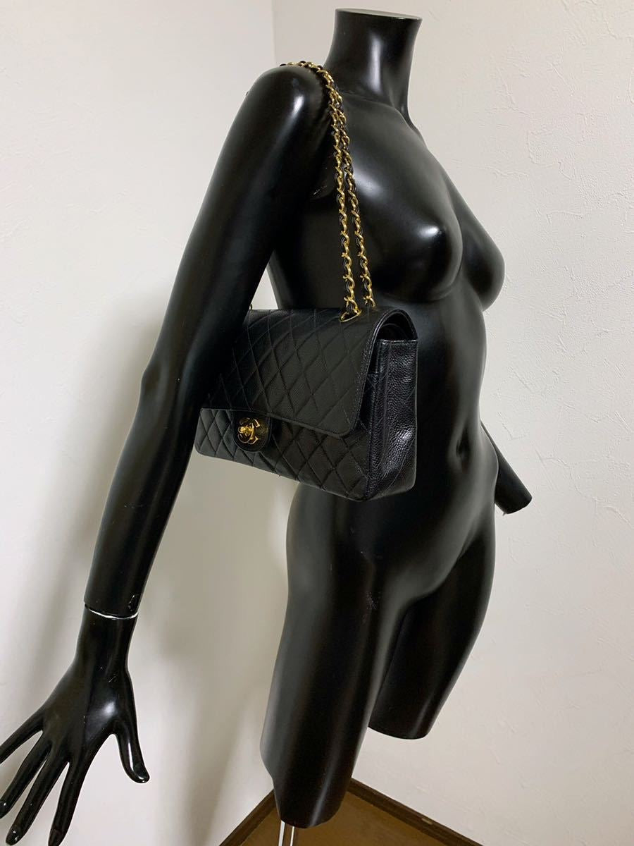 CHANEL Black Caviar Double Flap Gold Hardware Shoulder Bag