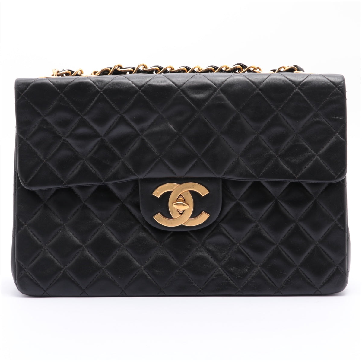 Vintage CHANEL XL Black Lambskin Leather GHW Single Flap Bag
