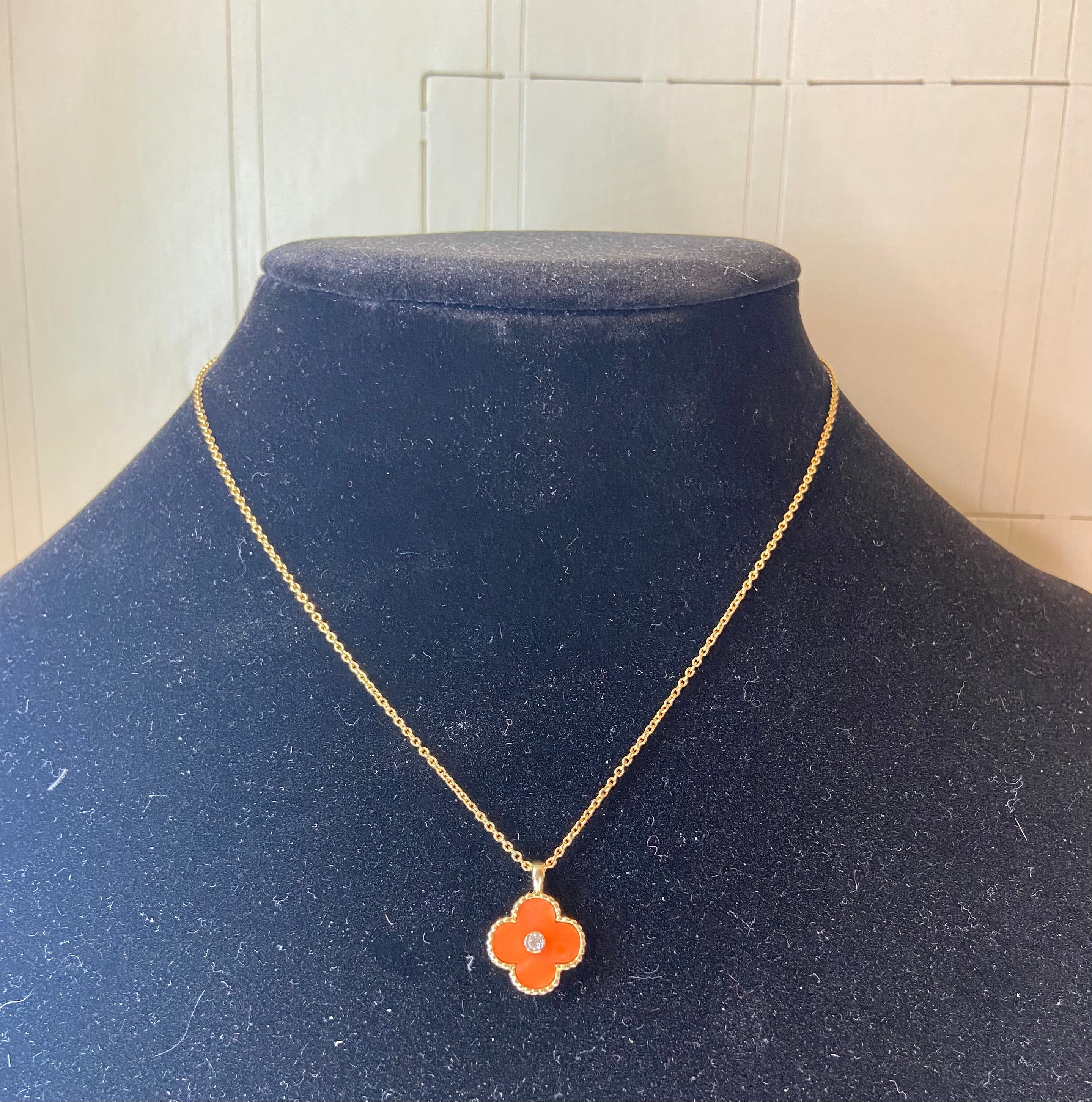 Rare Van Cleef & Arpels Coral Diamond Alhambra 18Kt Yellow Gold Necklace