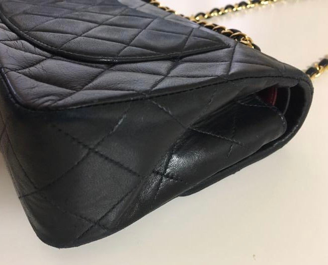 CHANEL Black Lambskin 24KT Gold Hardware 25 Quilted Leather Handbag / Crossbody
