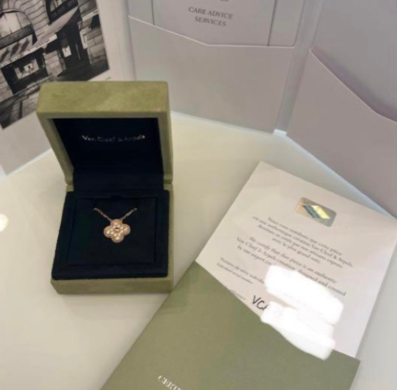 Van Cleef & Arpels Diamond-Paved Rose Gold Vintage Alhambra Necklace