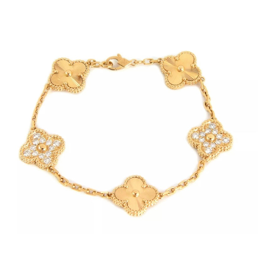 Van Cleef & Arpels Diamond-Paved Guilloche Vintage Alhambra 18Kt Gold Bracelet
