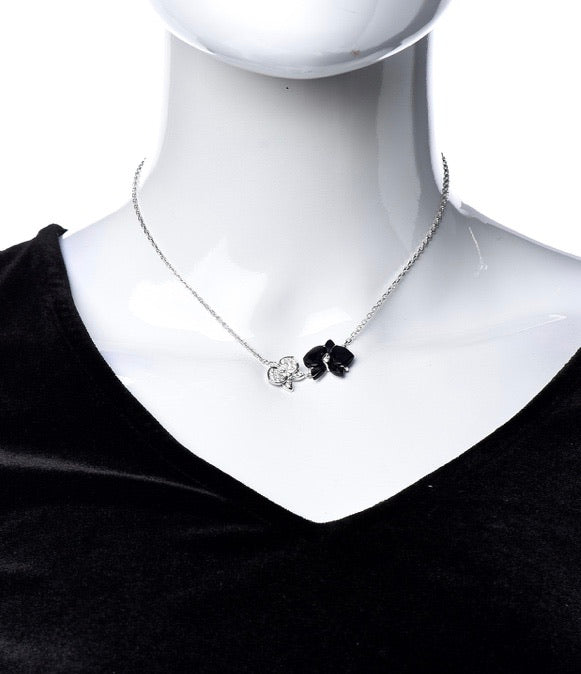 Cartier Caresse D’Orchidees Diamond & Black Onyx Flower Necklace / Pendant