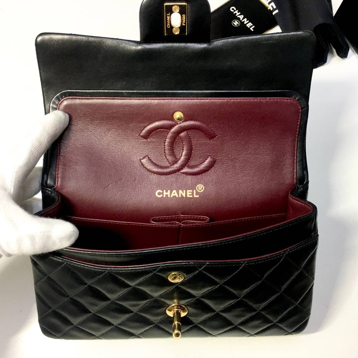 CHANEL Black Lambskin GHW Quilted Double Flap Handbag