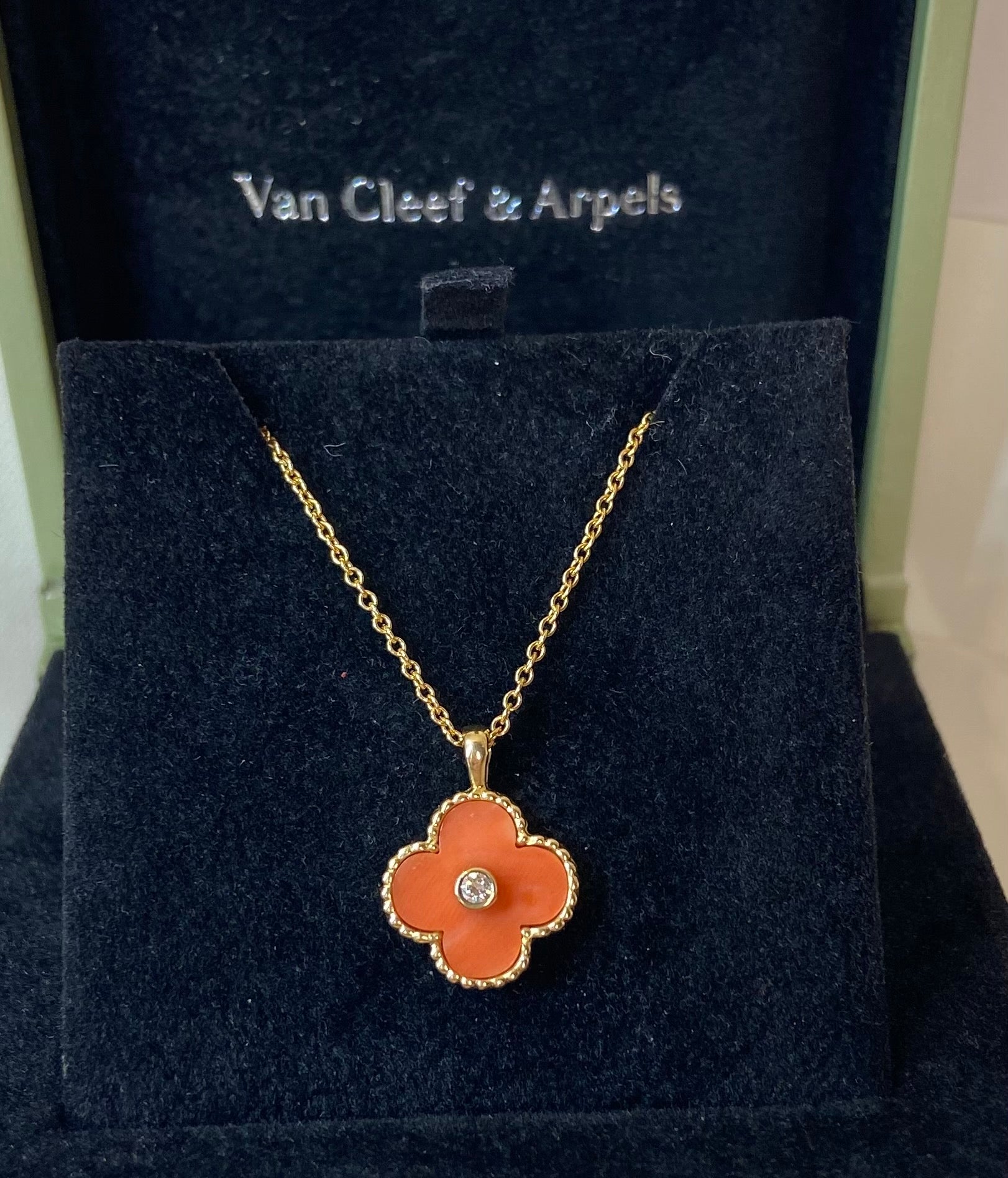 Rare Van Cleef & Arpels Coral Diamond Alhambra 18Kt Yellow Gold Necklace