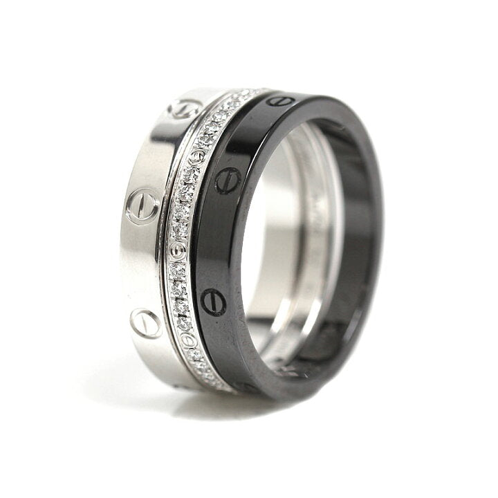 Cartier 3-Ring Black Ceramic Diamond & 18KT White Gold Love Ring Set Size 52